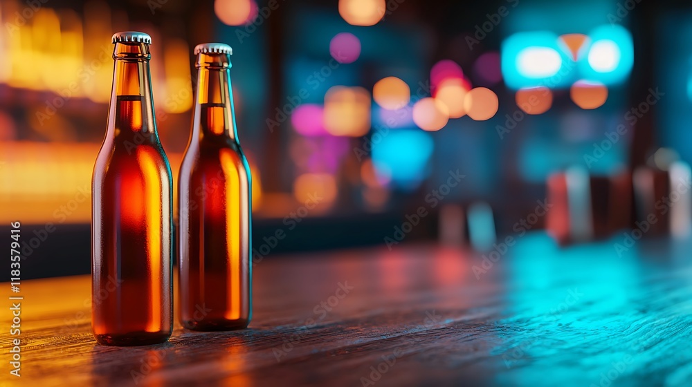 Poster two amber beer bottles on a wooden table in a vibrant, dimly lit bar setting with colorful bokeh lig