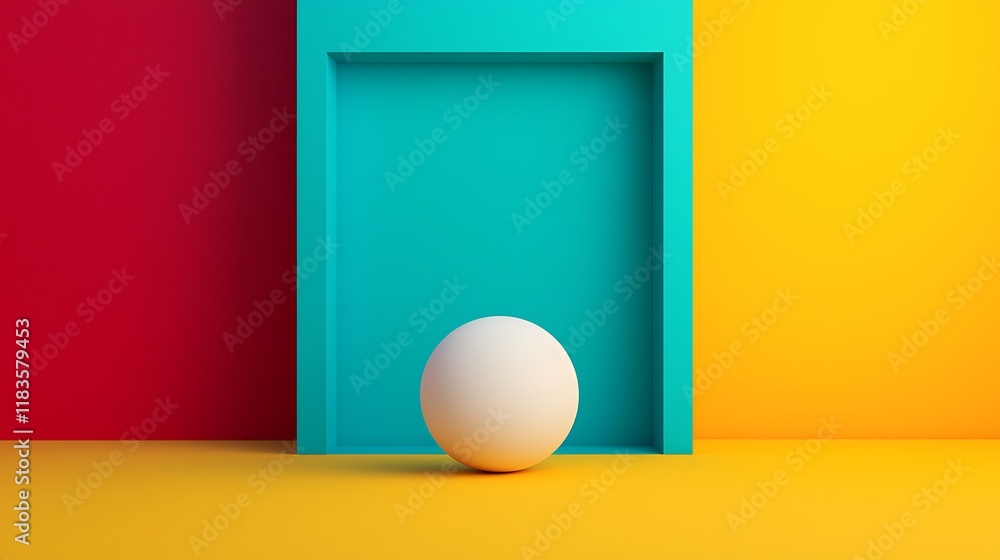 Poster a vibrant composition featuring a colorful background with a teal frame and a white sphere positione