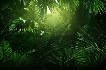 Sunlight filters through a dense canopy of lush green foliage in a tropical rainforest, creating a vibrant and exotic atmosphere