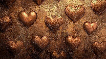 Obraz premium Bronze hearts scattered with elegant patterns on textured backdrop