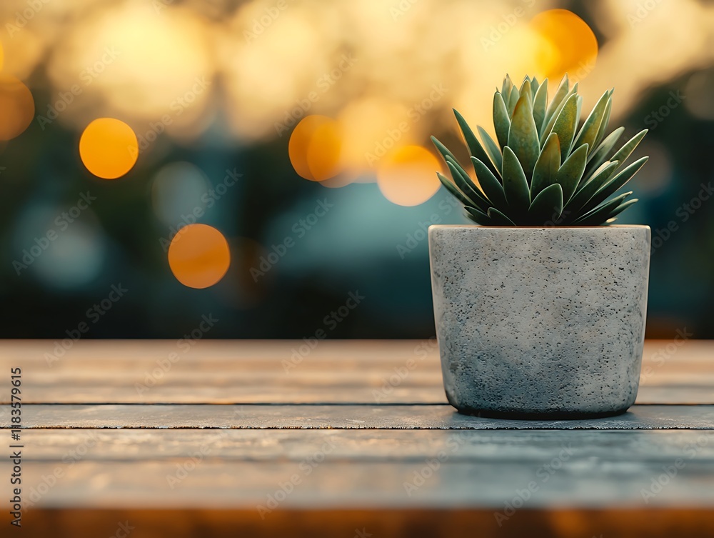 Poster a charming succulent in a concrete pot sits on a wooden table, illuminated by soft bokeh lights in t
