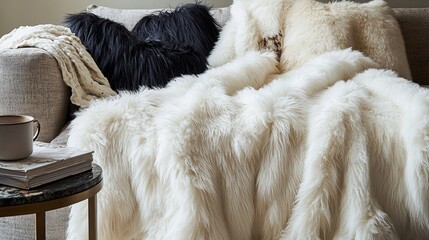 Luxurious cream faux fur throw draped on sofa with black and cream pillows.