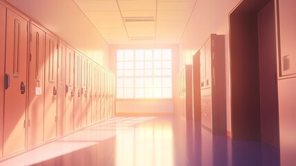 Sunlit Serenity in Empty School Hallway with Polished Floor and Reflective Lockers. Tranquil educational environment with natural light.