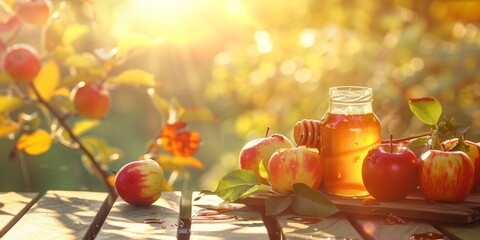 Apples and honey outdoors in an apple orchard bathed in sunlight during Rosh Hashanah