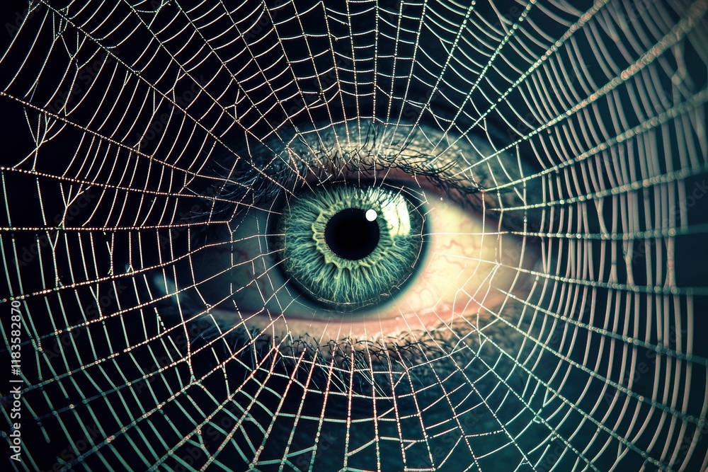 Poster a close-up of an eye surrounded by a delicate spider web, creating a striking blend of nature and hu