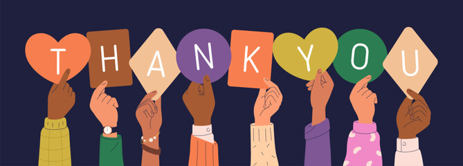 Thank you concept, diverse hands holding letters for gratitude. Arms group appreciating with note papers, text, signs. Grateful people. Appreciation expression. Colored flat vector illustration