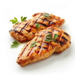 Two juicy grilled chicken breasts seasoned with spices and decorated with fresh parsley