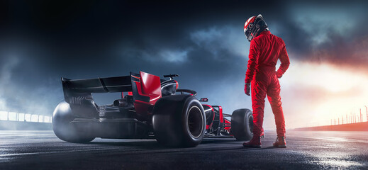 Racer in red suit beside a Formula one car on a night race track, with a dramatic sunset and misty sky in the background. 3d concept of speed, competition and victory