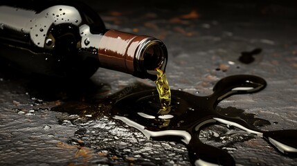 Fototapeta premium shattered glass bottle with spilled liquid, symbolizing the dangers of alcohol, on a dark background with copy space. Alcohol abuse, addiction, and health risks concept