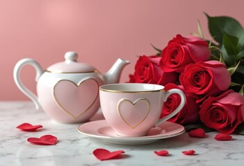 Valentine's Day still life, a romantic tea set with a heart-shaped teapot and matching cups, placed next to a bouquet of roses