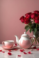 Valentine's Day still life, a romantic tea set with a heart-shaped teapot and matching cups, placed next to a bouquet of roses