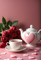 Fototapeta premium Valentine's Day still life, a romantic tea set with a heart-shaped teapot and matching cups, placed next to a bouquet of roses