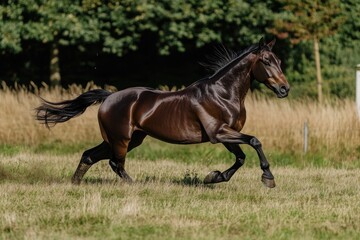 Obraz premium Majestic Bay Horse Galloping Freely Across a Lush Meadow