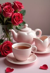 Fototapeta premium Valentine's Day still life, a romantic tea set with a heart-shaped teapot and matching cups, placed next to a bouquet of roses