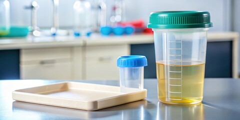 A sterile medical equipment setup for urination test, container, fluid,  container, fluid