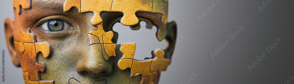 Poster a surreal image of a human face made of puzzle pieces, with one piece missing, symbolizing complexit