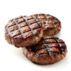 Three juicy grilled beef patties with appetizing grill marks stacked on top of each other