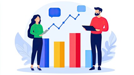 A digital illustration showing a woman and a man analyzing bar charts with dialogue bubbles, indicating teamwork and data analysis.