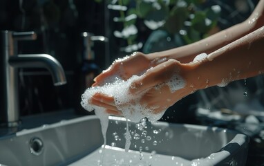 Fototapeta premium Close up of woman washing her hands using soap in reusable bottle or detergent from recyclable dispenser in modern minimalistic sink. Eco friendly lifestyle, sustainable living concept