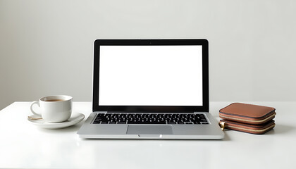 Fototapeta premium Stylish promotional layout with a laptop featuring a blank screen, an elegant women's wallet, and an empty cup