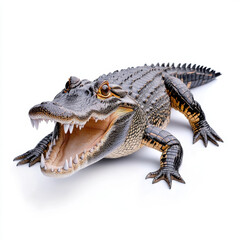 Obraz premium Powerful Alligator with Open Jaws, showcasing sharp teeth and detailed scales against a pristine white background.