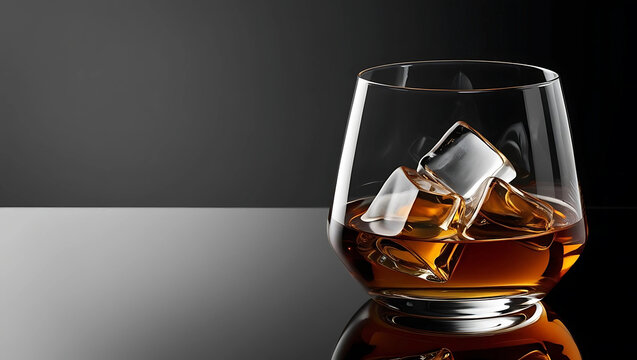 A close-up of a glass of whiskey with large ice cubes against a dark background, showcasing the clarity and texture of the drink and ice