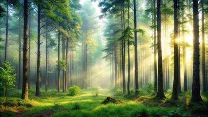 A serene forest landscape with towering trees and a misty atmosphere, mist, woodland