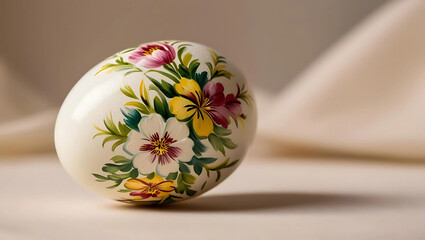 A beautifully hand-painted egg adorned with vibrant flowers in shades of pink, yellow, and white, set against a soft, neutral background.
