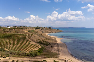 View of the coast and countryside from above in the Menfi area in Sicily