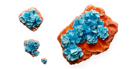 A set of striking blue crystals growing on vibrant orange mineral rocks, displayed on a white background. Ideal for geological, natural, and scientific themes