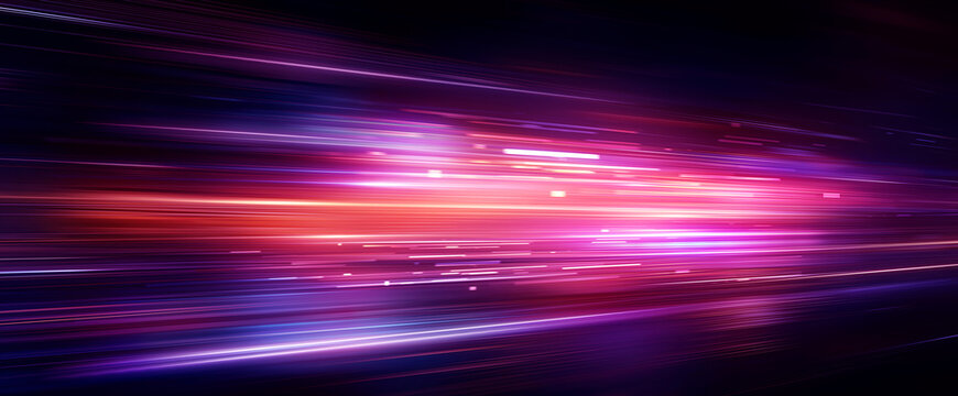 Bright horizontal streaks of light in vibrant red, pink, and purple tones moving across a dark background. Concept of speed and motion. 3d illustration