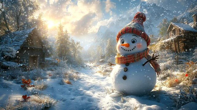 Cheerful snowman standing in snowy village under bright morning sunlight happily. Winter concept