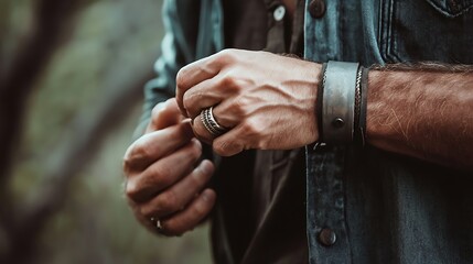 A man is wearing a bracelet and a ring