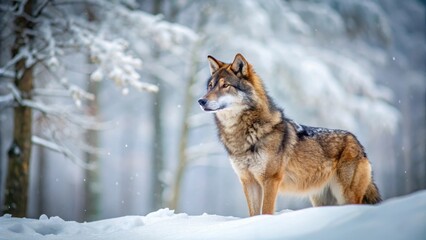 Obraz premium Eurasian wolf standing alone in a vast winter snow-covered forest, its fur fluffed up against the cold, as it scans the horizon for prey, wildlife photography, forest landscape