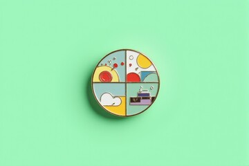 A single enamel pin with modern art designs displayed on a pastel emerald green background