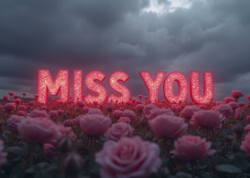 MISS YOU formed by glowing pink roses, contrasting with a dark gray sky filled with rolling clouds