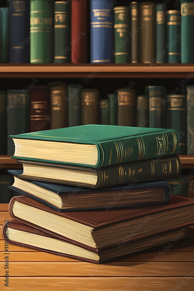 Poster a stack of books on a wooden table with a library backdrop.