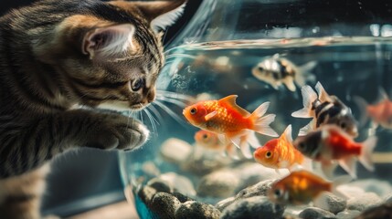 Obraz premium A curious cat gazes into a fish tank filled with colorful goldfish. The playful interaction between the cat and fish brings joy to any viewer. Generative AI.