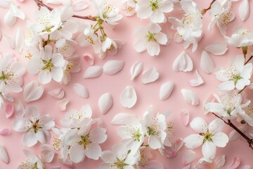 Fototapeta premium Fresh branch of white cherry blossoms and petals on light pink background. Pastel color. Professional photo