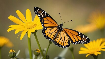 Fototapeta premium Monarch Butterfly on Yellow Daisy with Wildflower Background for Spring Designs