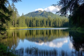 Fototapeta premium Mountain lake reflected in still water surrounded by trees