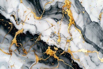 Photo of Black and white marble floor pattern with gold veins. Background texture for backdrops or mapping