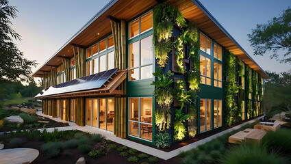 Contemporary building with large windows, green walls, and lush landscaping, showcasing sustainable architecture