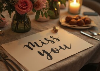 MISS YOU written in flowing font on a dining table with fresh flowers and candle