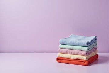 A stack of colorful dish towels folded neatly on a pastel mauve gray background