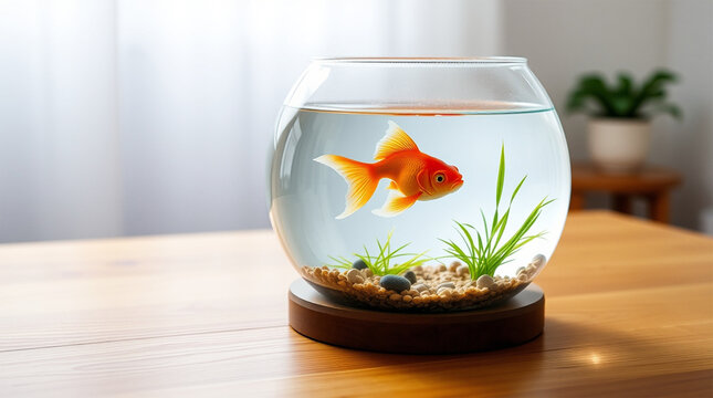 A vibrant orange goldfish gracefully swims in a crystal-clear glass bowl, a miniature underwater world,  A photo of a goldfish bowl on a wooden table with a simple background