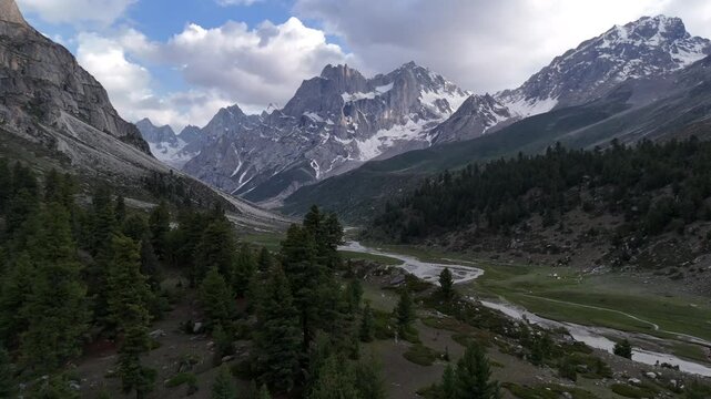 Aerial video over the Indus River and beautiful views at Qumran Village Skardu