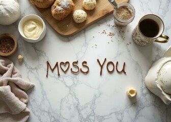 MISS YOU written on a kitchen countertop, surrounded by baking supplies, a mug, and a tea towel