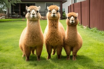 Obraz premium Three alpacas standing on a grassy lawn, possibly in a suburban setting, enjoying their surroundings