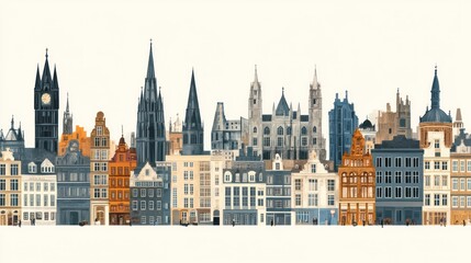 Fototapeta premium A colorful, illustrated skyline of a European city with a variety of historical buildings, including churches and townhouses.